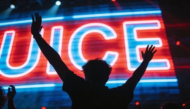 Silhouetted concertgoer raising arms toward neon led screen at energetic live music event