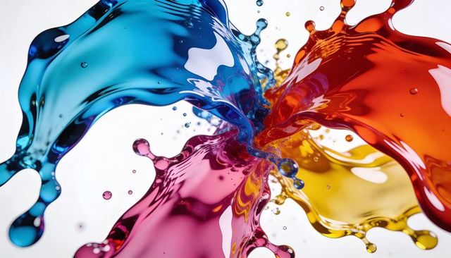 Colliding cyan magenta yellow orange splashes forming glossy ribbons with suspended drops
