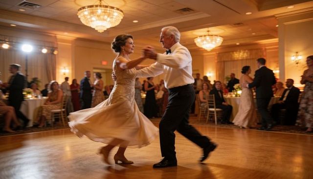 Senior couple twirling at elegant ballroom gala under crystal chandeliers
