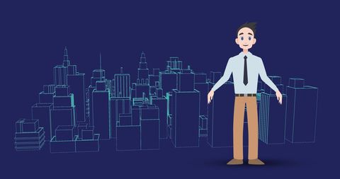 Confident cartoon character with digital cityscape background