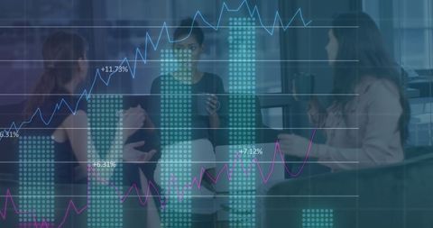 financial analytics overlay on diverse team meeting in office - Download Free Stock Images Pikwizard.com