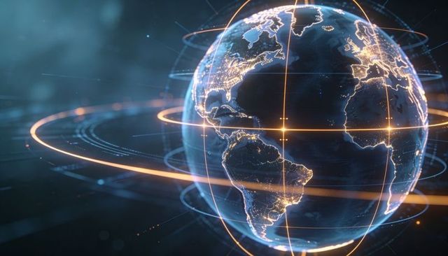 Digital Earth with Glowing City Lights and Orbital Data Rings for Global Network Concept