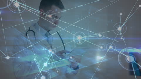Doctor Using Tablet with Futuristic Digital Connections Overlay