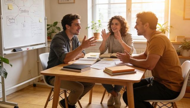 Young creative team brainstorming strategy around table in bright collaborative workspace