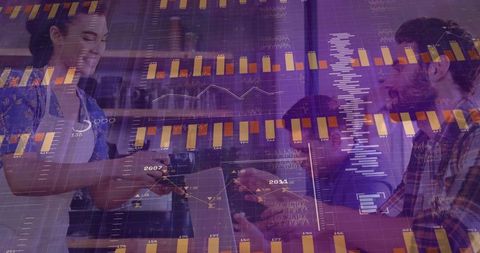 Barista handing coffee to customer with laptop while data analytics charts overlaying cafe