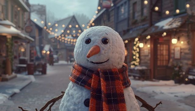 Friendly snowman on festive cobblestone street with lights