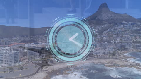 Digital Overlay of Rotating Clock on Coastal Urban View