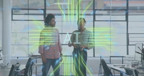 Colleagues presenting ai hologram in modern open-plan office for startup collaboration