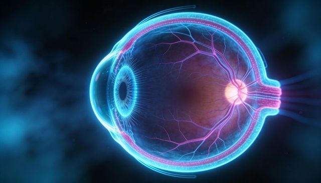 Neon 3d cross-section of human eye showing cornea lens retina optic nerve anatomy