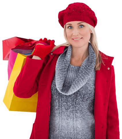 Blonde Woman in Red Winter Clothing Holding Colorful Shopping Bags Transparent