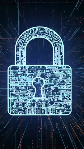 Pulsing neon padlock streaming data rays across digital network vertical video