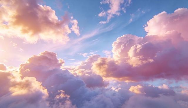 Cotton candy clouds glowing pink and gold over blue sky, serene sunrise panoramic vista