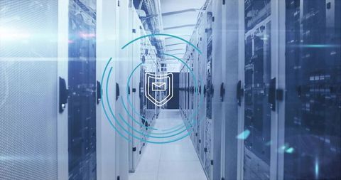Cybersecurity icon floating in data center corridor