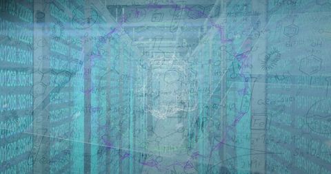 Futuristic data center corridor with holographic overlays