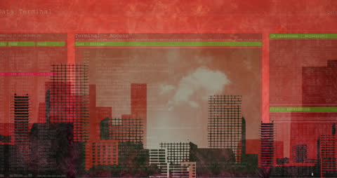 Digital Data Processing Across Urban Landscape Illustration