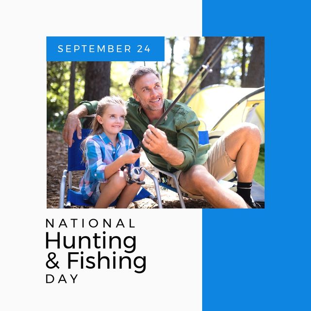 Caucasian father with daughter fishing in forest and september 24, national hunting and fishing day. Text, composite, family, together, childhood, recreation, celebration and wildlife conservation.