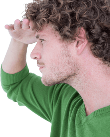 Curious man gazing into distance with hand on forehead transparent