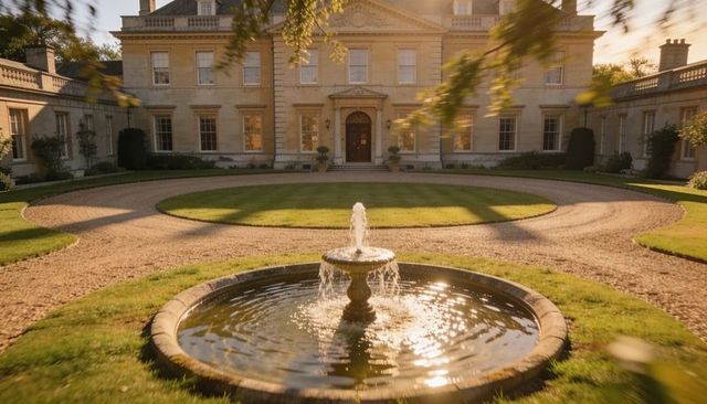 Sunlit neoclassical manor with circular drive and glistening fountain at golden hour