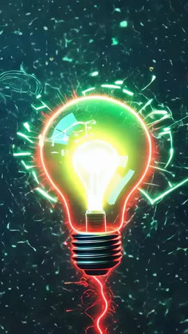 Neon Lightbulb Pulsating With Electric Sparks in Dark Void Vertical Tech Video Loop