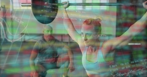 Woman pressing loaded Olympic barbell overhead with trainer and financial data overlay