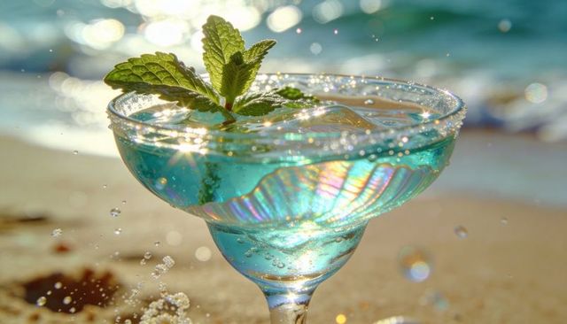 Turquoise beach cocktail with salted rim and mint sprig sparkling in sunlit ocean bokeh