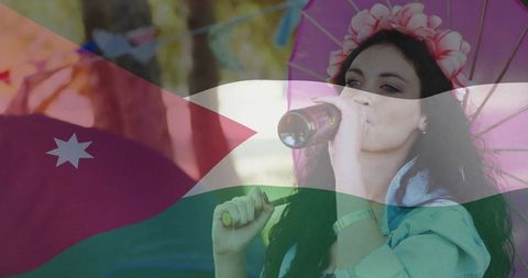 Woman Relaxing with Bottle Under Parasol Blend with Flag
