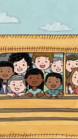 Yellow School Bus Rolling Through Countryside with Smiling Children Greeting from Windows