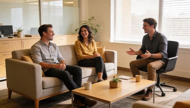 Team laughing and collaborating in casual modern office lounge