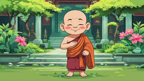 Smiling Child Monk in Tranquil Temple Garden