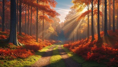 Serene Autumn Woodland Path with Sunlit Foliage