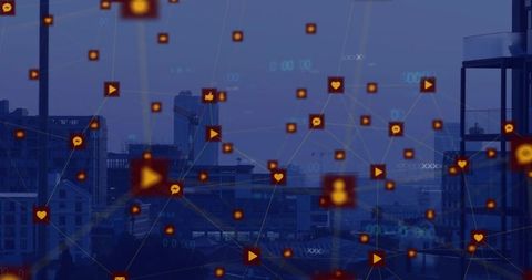Connecting city skyline with digital network overlay at dusk glowing orange icons