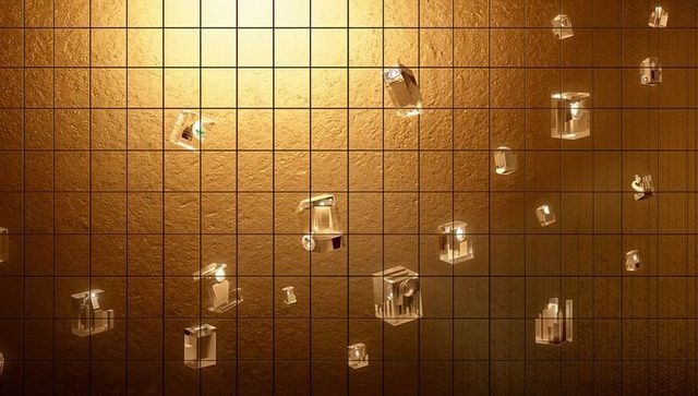 Floating glass prisms refracting warm light over textured golden tiles with grid