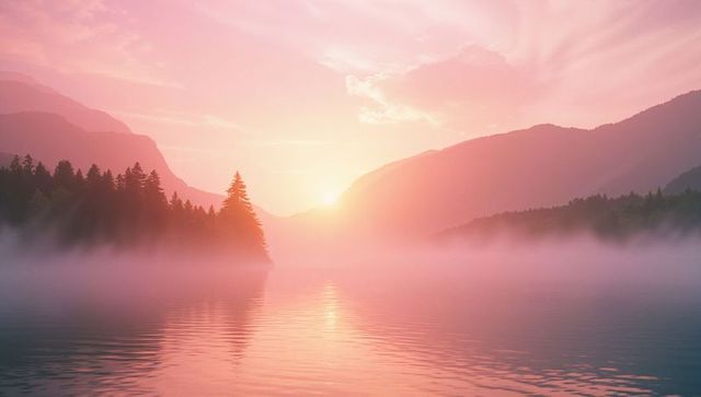 Sunrise Over Misty Lake with Pink and Orange Sky Reflections