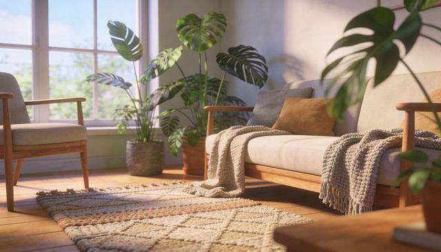 Sunlit midcentury living room corner with wooden sofa, knit throw and indoor plants