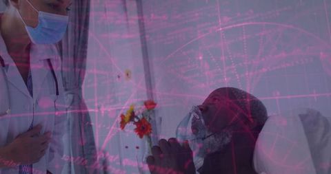 Doctor monitoring patient breathing with oxygen mask in hospital