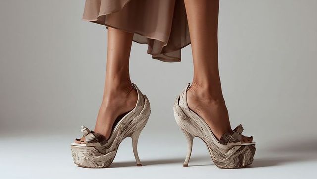 Showcasing elegant legs in woodgrain platform stiletto sandals with flowing skirt hem