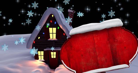 Winter Wonderland Christmas House with Snow and Empty Sign - Download Free Stock Images Pikwizard.com