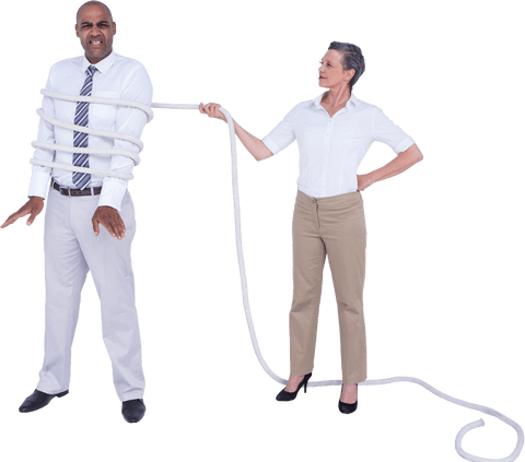 confident businesswoman tying colleague in white rope transparent background - Download Free Stock Videos Pikwizard.com