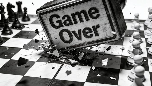 Game over stamp crushing chessboard, tipping king, scattering shattered debris