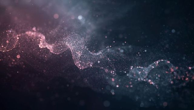 Luminous Particle Wave Flowing Across Dark Gradient Backdrop with Pink Teal Bokeh Cosmic Motion