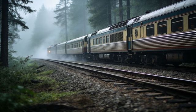 Vintage passenger train gliding through misty conifer forest along curved railway tracks