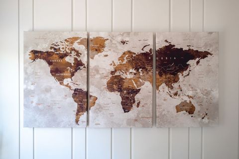 Rustic gold world map triptych canvas wall art for travel decor, office and home accent