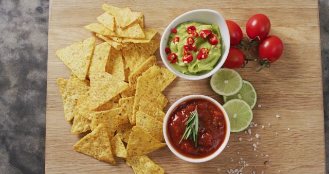 Tortilla chips served with guacamole and salsa in white bowls alongside fresh tomatoes and lime slices with a sprinkle of salt on a wooden surface. Ideal for food blogs, recipe websites, advertisements for Mexican cuisine, party food promotions, and health-conscious snack ideas.