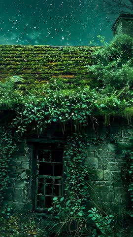Vertical video tilting upward over mossy abandoned cottage revealing broken window and starry sky