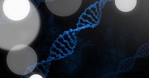 Glowing blue dna helix spiraling over dark marble backdrop with bokeh lights