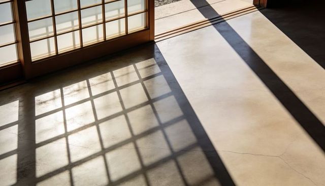Casting grid shadows on concrete floor through shoji doors in minimalist japanese interior