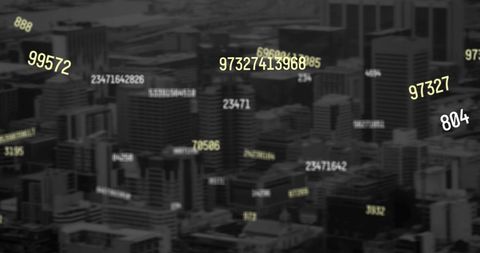 Falling numbers overlay cityscape: global business concept