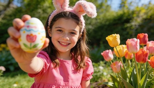 Smiling girl wearing bunny headband presenting painted easter egg in sunlit tulip garden