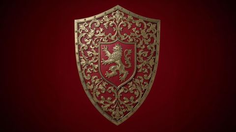 Ornate Heraldic Shield with Lion Motif on Red Background
