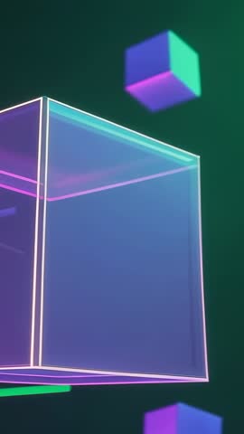Vertical neon cube motion opening translucent glass cube while glowing cubes rotate and drift